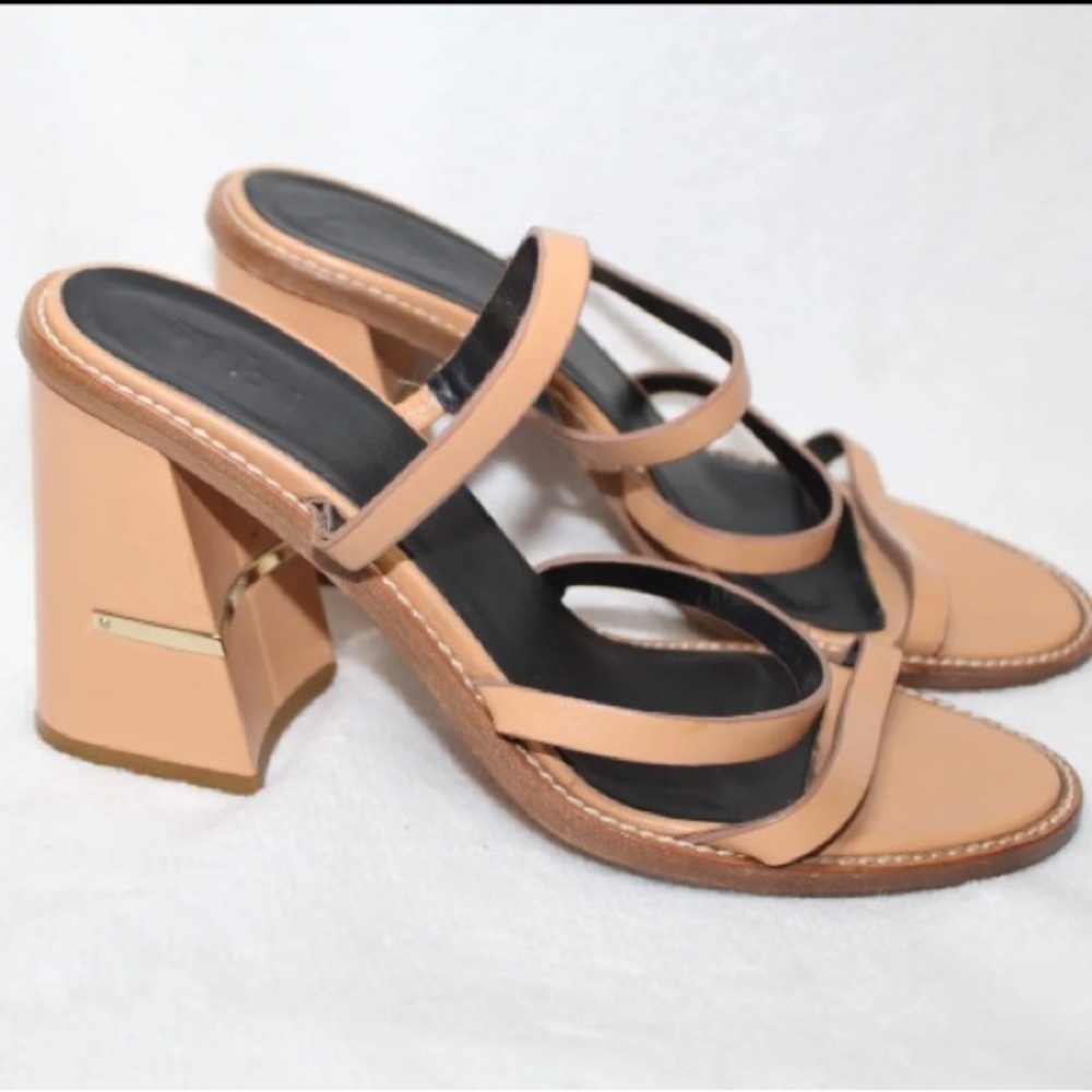 Tibi womens Mela triple strap leather sandals size 39 tan chunky heel open toe - Picture 2 of 8
